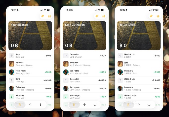 Three iPhone screenshots display a digital currency wallet app showing a balance of 0 B and transaction histories in English, German, and Japanese, with recent activity involving Pablo and Laguna.
