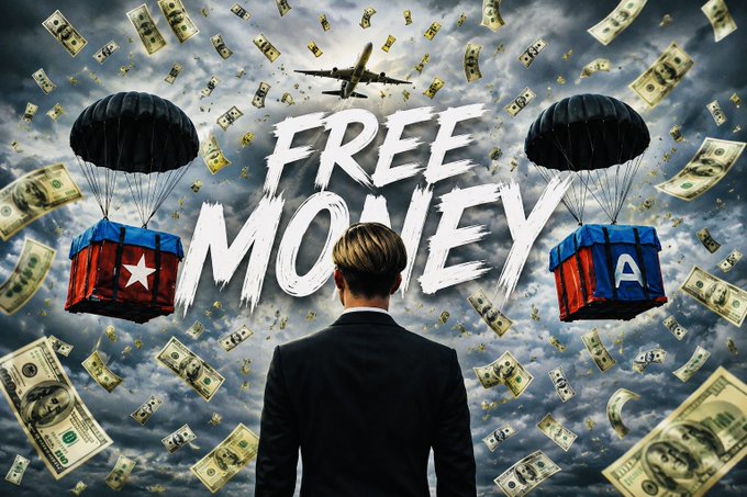 The image features a man facing away, surrounded by falling dollar bills, with two parachutes bearing Texas and "A" symbols, an airplane overhead, and bold text reading "FREE MONEY." It visually mirrors the post's promise of a "FREE AIRDROP" with potential earnings, using the imagery of money raining down to symbolize easy crypto rewards for completing simple vouching tasks.