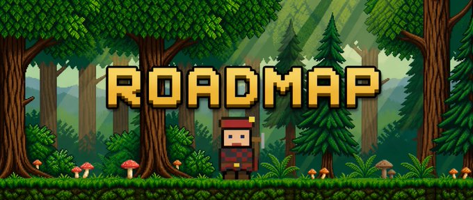The image features a pixel-art forest scene with the large yellow text "ROADMAP" displayed prominently, accompanied by a small pixelated character resembling Robin Hood standing below among trees and mushrooms. This visually introduces Robin Good's project roadmap, matching the post's announcement about his play-and-earn NFT collection launching as a free mint on Robin Hood chain, with the whimsical forest aesthetic complementing the playful tone of his message.
