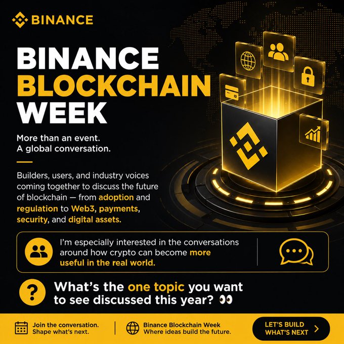 Promotional graphic for Binance Blockchain Week featuring the Binance logo, a golden 3D cube with blockchain icons, and text about builders, users, and industry voices discussing blockchain's future.