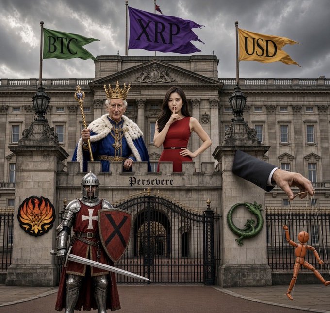 A surreal digital composite featuring King Charles and a woman in a red dress standing atop Buckingham Palace with flags labeled "BTC", "XRP", and "USD", alongside a knight, a wooden marionette being controlled by a hand, and emblems.