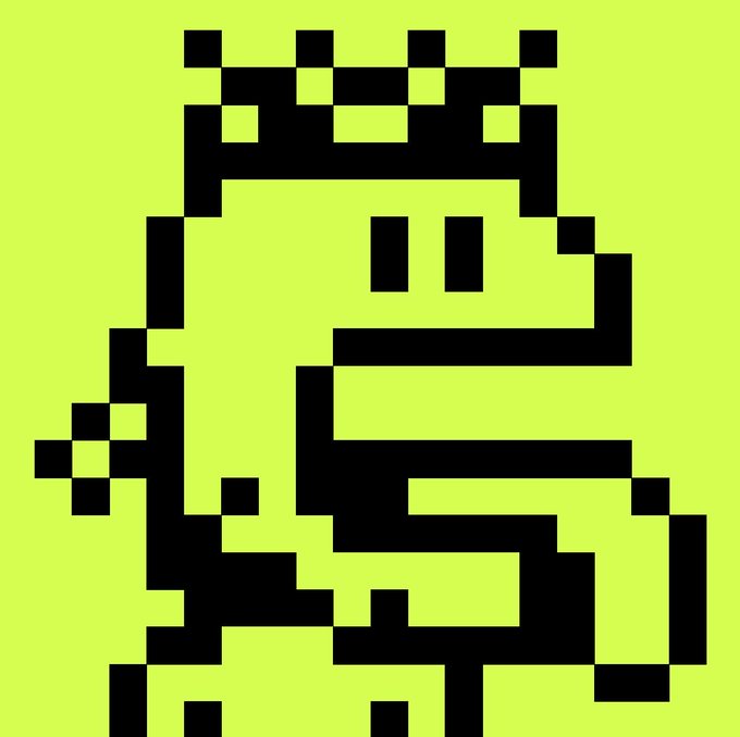 A pixel art drawing in black on a lime green background, depicting an abstract figure wearing a crown.