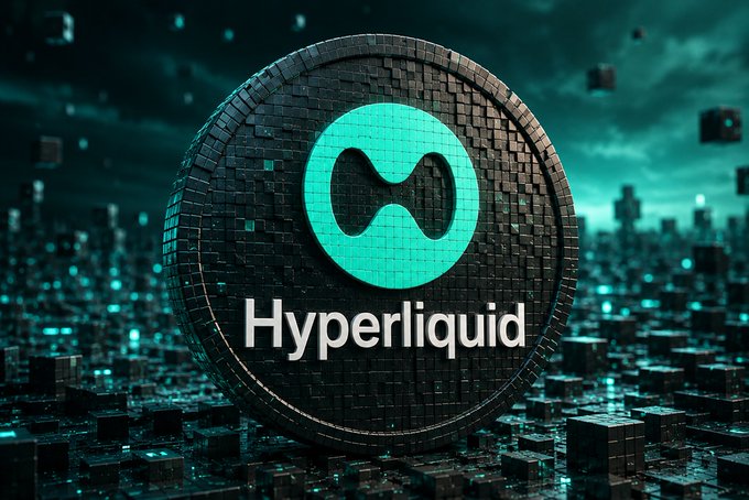 A promotional graphic featuring a circular coin-like emblem with a teal infinity symbol and the text "Hyperliquid" set against a futuristic, moody teal-tinted digital cityscape background.