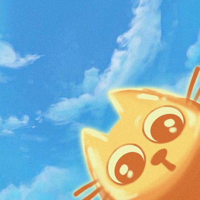 A cheerful cartoon cat illustration with large expressive eyes peeks into the frame against a soft blue sky with wispy clouds, capturing the warm, uplifting vibe that $CETS brings to its community. The pastel-toned artwork embodies the joyful feeling the poster describes about engaging with the project's art daily.