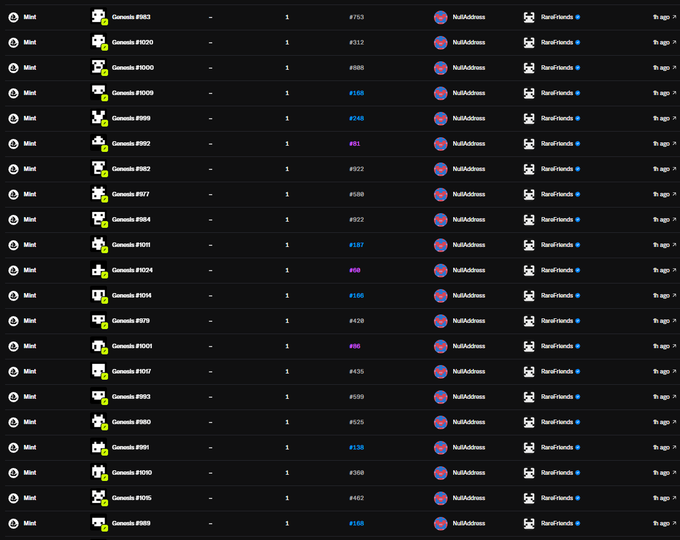 A screenshot of a cryptocurrency minting platform interface showing multiple Genosis NFTs being minted with various token values and a 'NullAddress' for purchases.