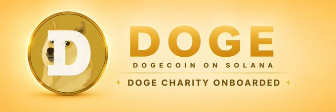 A golden Dogecoin-style coin featuring the Shiba Inu dog and a large "D" sits beside bold text reading "DOGE — DOGECOIN ON SOLANA" and "DOGE CHARITY ONBOARDED." The banner introduces the community-added branding for the Solana-based $DOGE token on Moby, highlighting its charitable initiative.