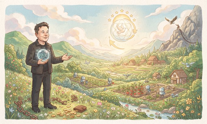 A colorful illustration of Elon Musk holding an 'AI' orb, standing in a pastoral landscape filled with small robots tending crops, broken chains at his feet, and a logo in the sky.