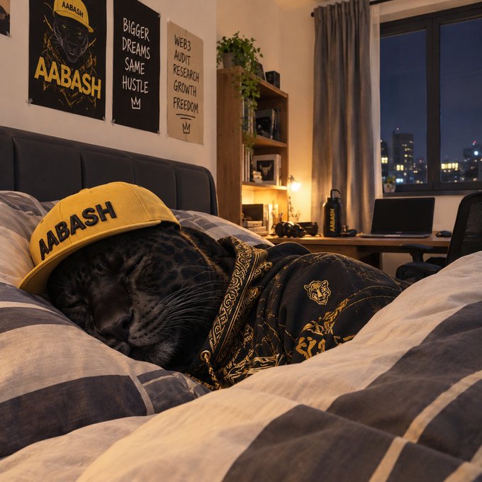 A black spotted cat wearing a yellow 'AABASH' cap sleeps on a striped bed beside posters reading 'AABASH' and 'BIGGER DREAMS SAME HUSTLE,' with a 'WEB3 AUDIT RESEARCH GROWTH FREEDOM' banner hanging nearby.