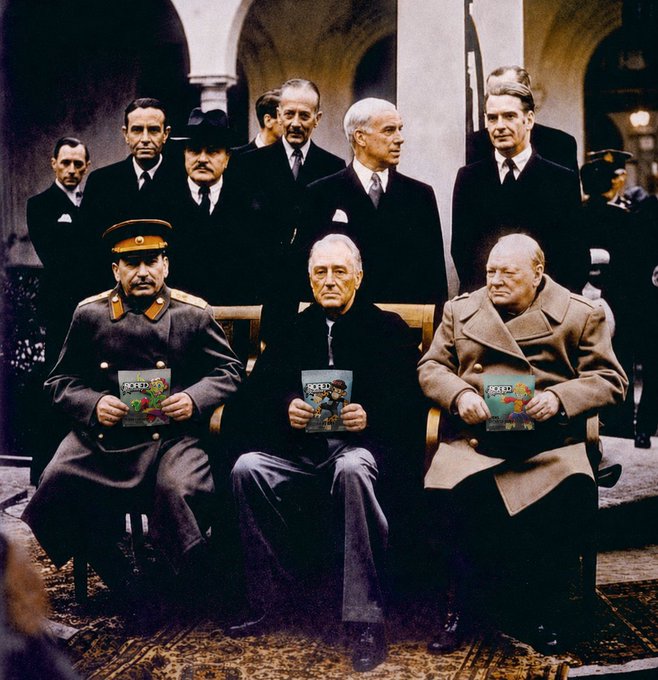In this edited image of the historic Yalta Conference, the seated leaders hold comic books titled "BORED," a clear reference to the Bored Ape Yacht Club.