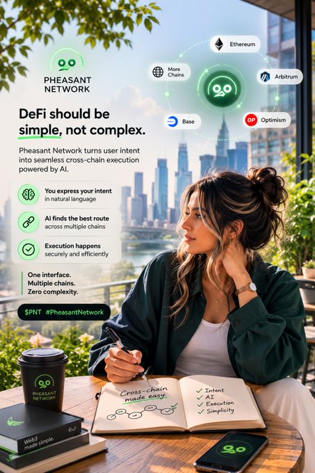 A promotional graphic for "Pheasant Network" advertising "DeFi should be simple, not complex," showing a woman writing in a notebook alongside logos for Ethereum, Base, Arbitrum, Optimism, and the $PNT token.