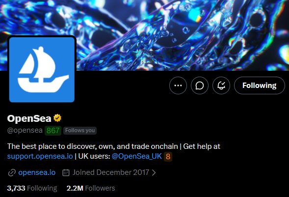 An OpenSea social media profile page showing their blue ship logo, the handle @opensea, and a bio promoting their NFT marketplace, with 2.2M followers.