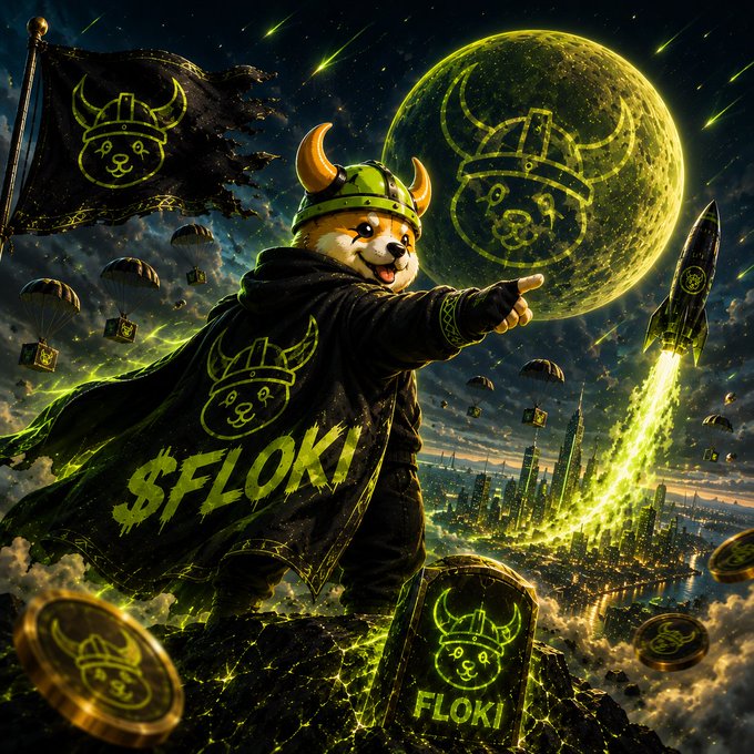 Dramatic digital artwork promoting the '$FLOKI' cryptocurrency, featuring a Shiba Inu dog in Viking armor pointing toward a moon displaying the Floki logo, with a rocket and gold coins.
