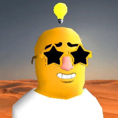 A surreal 3D rendered image of a yellow humanoid character wearing star-shaped sunglasses, displaying a wide toothy smile with a glowing yellow lightbulb floating above its head against a desert backdrop.