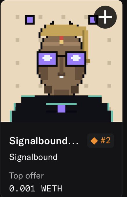 A pixel art NFT profile titled "Signalbound..." (#2) shows a character with purple pixelated glasses and a headband, with a top offer listed at 0.001 WETH. The image represents the launch of the "Signalbound" collection, tying into the "My Signal is live" announcement.