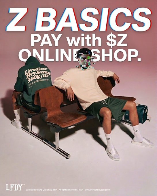 Advertisement for LFDY clothing brand 'Z BASICS' featuring a model on a wooden bench with a green hoodie, text reads 'PAY with $Z ONLINE SHOP.'