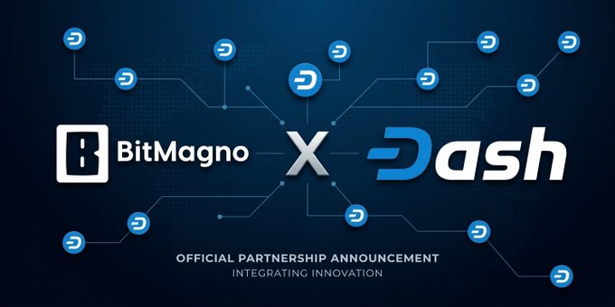 A promotional graphic announces an official partnership between "BitMagno" and "Dash", featuring their logos connected by a network of blue nodes.