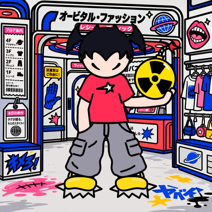 A cartoon illustration of a character with pigtails holding a radiation symbol in front of a Japanese clothing store called "オービタル・ファッション" (Orbital Fashion) with signs for various floors including accessories, tops, bottoms, and shoes.