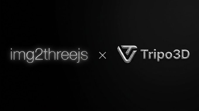 Black background image with text displaying "img2threejs × Tripo3D" collaboration logos in white and silver.