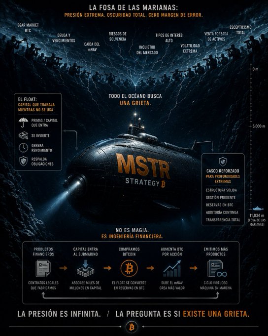The image features a submarine with the words "MSTR" written on its side, floating in the ocean. The submarine appears to be made of metal and has a light on top that illuminates the surrounding area. The text in the image is in Spanish and reads: "La presión es como un pequeño submarino en la fosa de las marianas. El submarino esta soportando la inmensa presión de todo el océano. Que implacablemente está buscando alguna grieta para hacer implosionar todo". The image is accompanied by a caption that translates the text into English, which reads: "The submarine is made of metal and has a light on top. It floats in the ocean with the words MSTR written on its side."