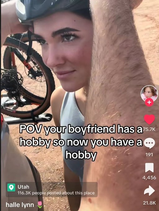 A TikTok screenshot showing a woman in a helmet next to a camel, with text reading 'POV your boyfriend has a hobby so now you have a hobby,' tagged in Utah by 'halle lynn' with 75.7K likes.