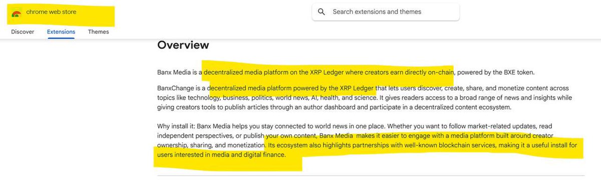 The image shows a Chrome Web Store listing for "Banx Media," with the highlighted text describing it as a "decentralized media platform on the XRP Ledger" where "creators earn directly on-chain," powered by the $BXE token. This aligns with the post's claim that XRP is expanding its reach through a Google Chrome extension integration for Banx Media, the largest decentralized media platform on the XRP Ledger.