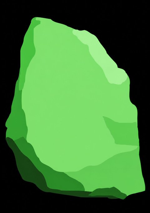 A simple digital illustration of a rough, irregular green stone or rock with lighter and darker green shading against a black background.