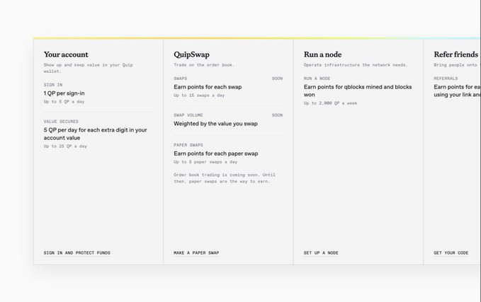 A dashboard page displaying account earning opportunities with sections titled 'Your account', 'QuipSwap', 'Run a node', and 'Refer friends', detailing points for sign-ins, swaps, blocks won, and referrals.