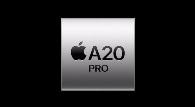 A graphic representation of an Apple 'A20 PRO' chip on a silver square background.