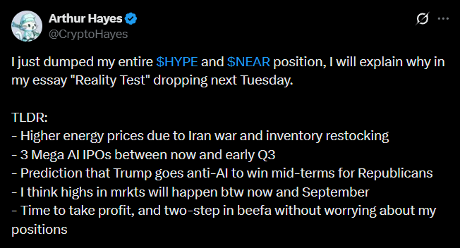 The focus of this image seems to be on a social media post by Arthur Hayes, which discusses an economic analysis related to cryptocurrencies and positions. The post includes text about energy prices due to the Iran war and inventory restocking, as well as market trends in AI IPOs between now and early Q3. However, the main visual element of the image is the tweet itself. There are two mentions of Arthur Hayes and his tweets within this context: one referring to a "chat" with him on Twitter and another referring to an account update where he discusses Bitcoin. This suggests that someone has sent a message discussing Arthur Hayes' posts about cryptocurrencies, energy prices, AI IPOs, and other economic trends related to them.