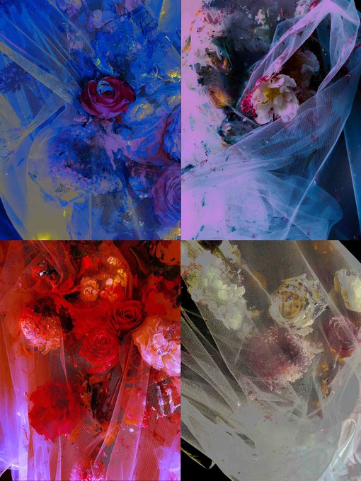 A four-panel collage showing flower arrangements wrapped in tulle and illuminated by colored lights in blue, purple, red, and white tones.