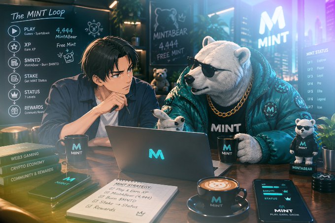 Anime-style illustration for 'The MINT Loop' showing a young man and a white bear in sunglasses working at laptops branded with the MINT logo, with visible menu options including PLAY, XP, $MNTD, STAKE, STATUS, and REWARDS, alongside books labeled Web Gaming, Crypto Economy, and Community & Rewards, and a 'MINTABEAR 4,444 FREE MINT' sign.