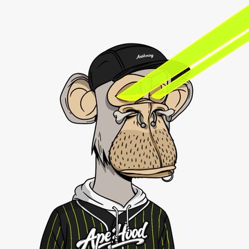 A cartoon image of a sad monkey wearing a black cap and a hoodie with 'Ape Wood' written on it, shooting yellow laser beams from its eyes.