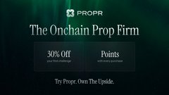 A promotional graphic for 'PROPR' titled 'The Onchain Prop Firm' offering '30% Off your first challenge' and 'Points with every purchase' on a dark teal background.