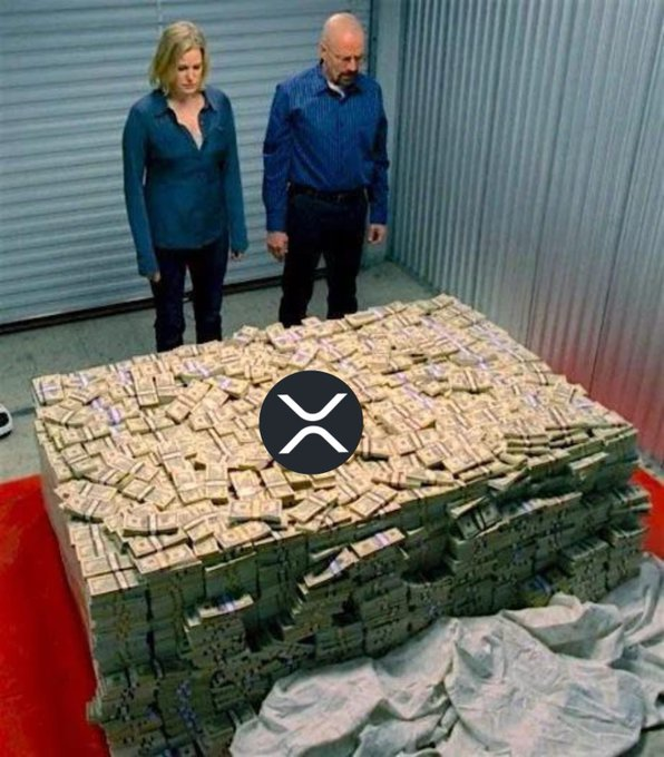 Two people stand behind a massive pile of bundled $100 bills stacked high on a tarp, illustrating the humorous "POV" caption suggesting the enormous profit from selling just 1 XRP in 2030. The XRP logo watermark overlays the image, tying the scene to the cryptocurrency's imagined future value.