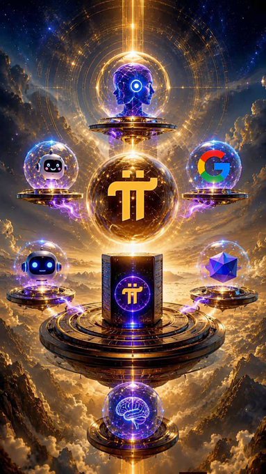 A futuristic digital composition shows glowing orbs displaying the Pi (π) symbol, AI robot icons, and Google branding floating among illuminated clouds, reflecting the Pi Network's announcement of integrating AI models like SmolLM2 (0.4B) into its SoloHost and Hermes platform for direct local use.