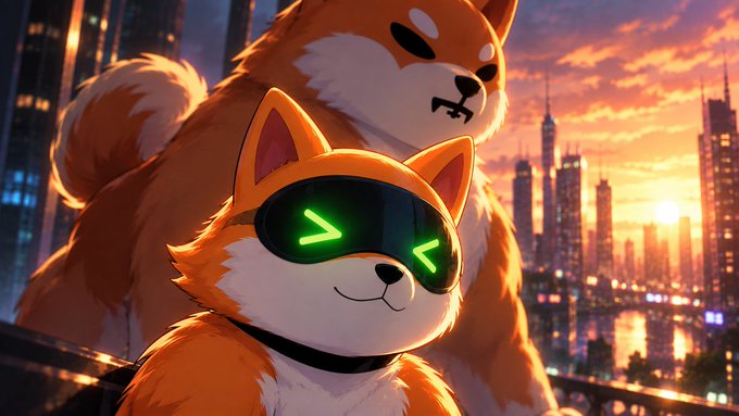 An anime-style illustration of two Shiba Inu dogs at sunset, with the smaller one in front wearing glowing green sunglasses, set against a sunset cityscape backdrop.