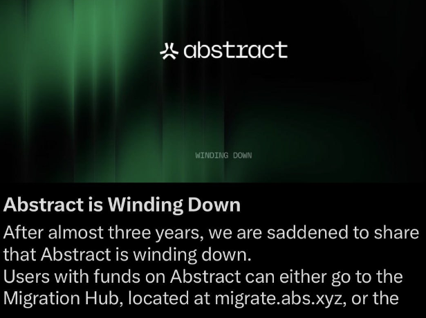 An announcement graphic with a dark green aurora background shows the 'abstract' logo and the headline 'Abstract is Winding Down', explaining that after almost three years, the platform is shutting down and can be reached at migrate.abs.xyz.