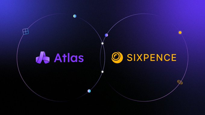 The image showcases a partnership between Atlas and Sixpence, featuring their logos connected by overlapping orbital rings with planet-like elements, symbolizing their collaboration. This visual reinforces the post's message about Atlas providing market intelligence to power Sixpence's lending and risk management infrastructure for tokenized equities.