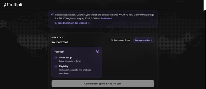 The image shows a Multipli platform screen displaying "STEP 2 OF 3: Your entities" with Sonar setup and eligibility verification complete, indicating readiness for the $MULT commitment stage beginning August 14, 2:00 PM. A banner at the top confirms registration is open for Sonar KYC/KYB, and a countdown timer at the bottom shows "Commitment opens in ~3d 17h 28m."