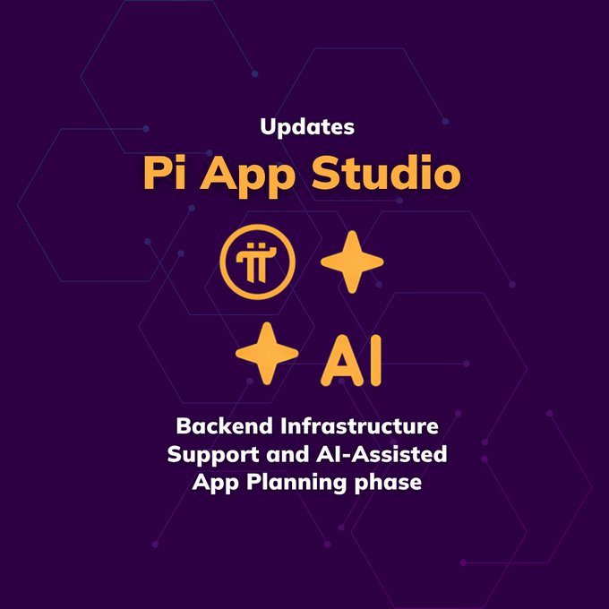 An identical purple promotional graphic reading 'Updates Pi App Studio' and 'Backend Infrastructure Support and AI-Assisted App Planning phase' with orange icons and hexagon patterns.