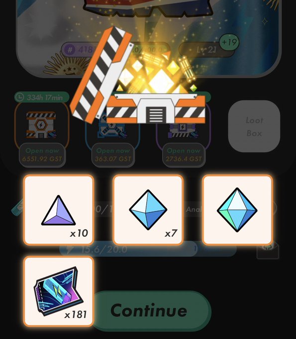 Screenshot of a mobile game reward screen showing loot box openings with various gems and items, displaying GST token costs (6551.92, 363.07, 2736.4) and a 'Continue' button.