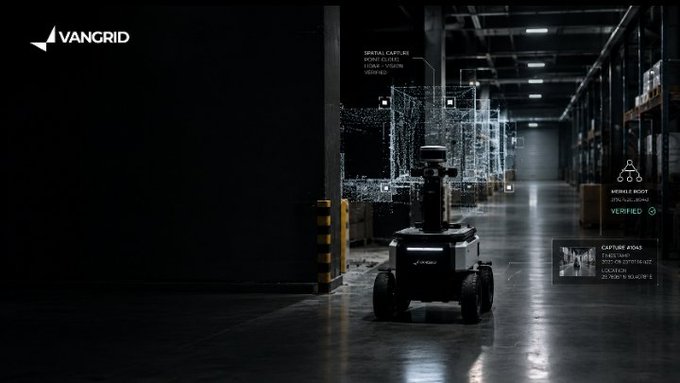 A promotional image for 'VANGRID' shows a security robot in a dark warehouse environment, highlighting features like 'SPATIAL CAPTURE', 'POINT CLOUD', and 'LIDAR VISION' capabilities.