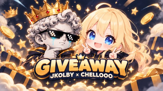 A promotional graphic for a "2 SOL GIVEAWAY" by "JKOLBY x CHELLOOO" featuring chibi-style characters—a blonde girl and a crowned figure with pixelated sunglasses—both making peace signs amid gold coins and stars, matching the post's announcement of 8 winners receiving 0.25 SOL each.