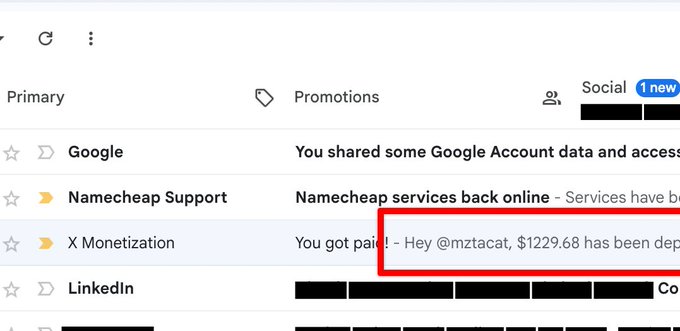 A Gmail inbox screenshot shows a payment notification from X Monetization reading "Hey @mztacat, $1229.68 has been deposited," highlighted with a red box, serving as proof of earnings referenced in the caption claiming the reward for signing up with the referral code "MZTACAT" on LocalAI.