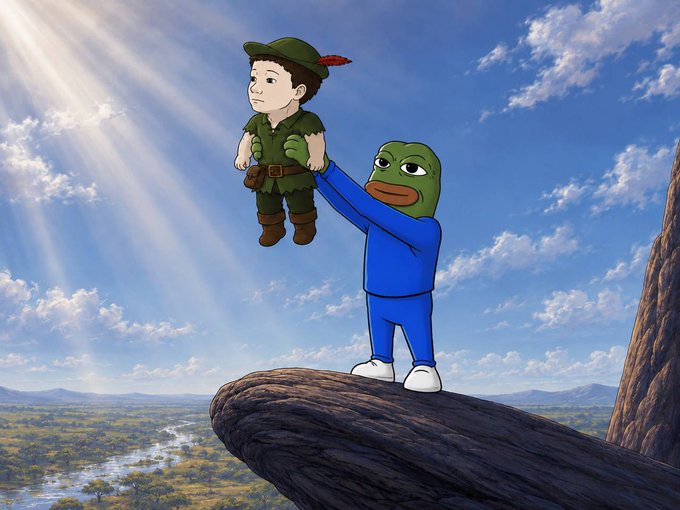 An illustration shows a Pepe the Frog character in a blue outfit standing on a rocky cliff, holding up a puppet-like figure of Peter Pan dressed in a green tunic and feathered cap against a bright, cloudy sky.