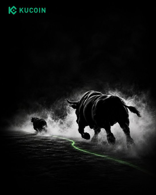 Two powerful bulls charge through a cloud of dust against a dark background, with a glowing green line trailing behind them beneath the "KUCOIN" logo in the top corner—visually reinforcing the message of an unstoppable, accelerating bull run.