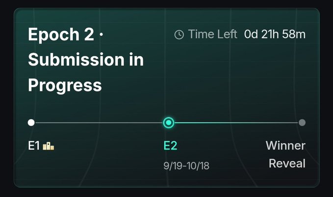A dark-themed digital interface displays 'Epoch 2 · Submission in Progress' with a timeline showing stages E1, E2 (9/19-10/18), and Winner Reveal, alongside a countdown timer.