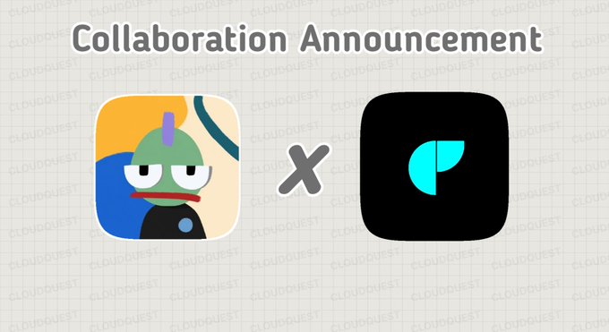 The image features a poster with two icons, one of which has a green head and the other a blue head. The text "collaboration announcement" is written above them, indicating that there's an upcoming collaboration or event related to the app they're promoting. The icons are positioned in such a way that they appear to be talking to each other, suggesting a sense of interaction or communication between the two elements.