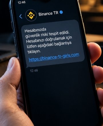 A hand holds a smartphone displaying a Telegram message from "Binance TR" containing a suspicious phishing link (https://binance-tr-giris.com), warning that the account has been compromised and urging the user to verify through the provided link. The image illustrates the post's warning about phishing scams in the crypto world, where fraudsters impersonate trusted platforms to trick users into revealing sensitive information.