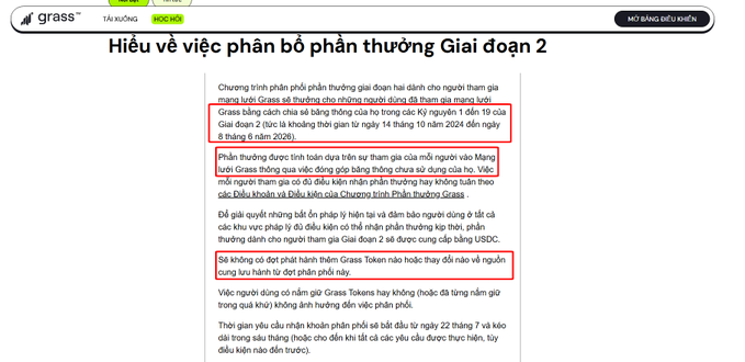 Screenshot of a Vietnamese Grass website (grass.cx) explaining Phase 2 reward distribution, with red boxes highlighting text about Grass token distribution and no token replacement policy.